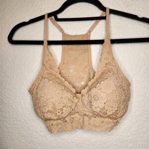 Aerie Bra Size S Beige Wireless Lined Halter Adjustable Lace Bralette Floral